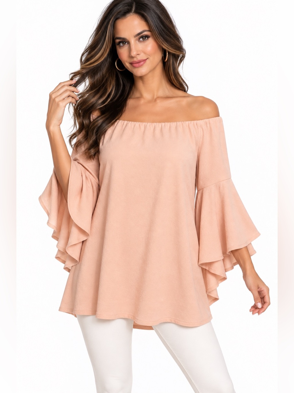 Backstage Size L Blush Pink Off Shoulder Tiered Bell Sleeve Tunic Blouse
